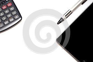 Calculator andÃ¢â¬â¹ penÃ¢â¬â¹ withÃ¢â¬â¹ tabletÃ¢â¬â¹ isolatedÃ¢â¬â¹ onÃ¢â¬â¹ whiteÃ¢â¬â¹ background. photo